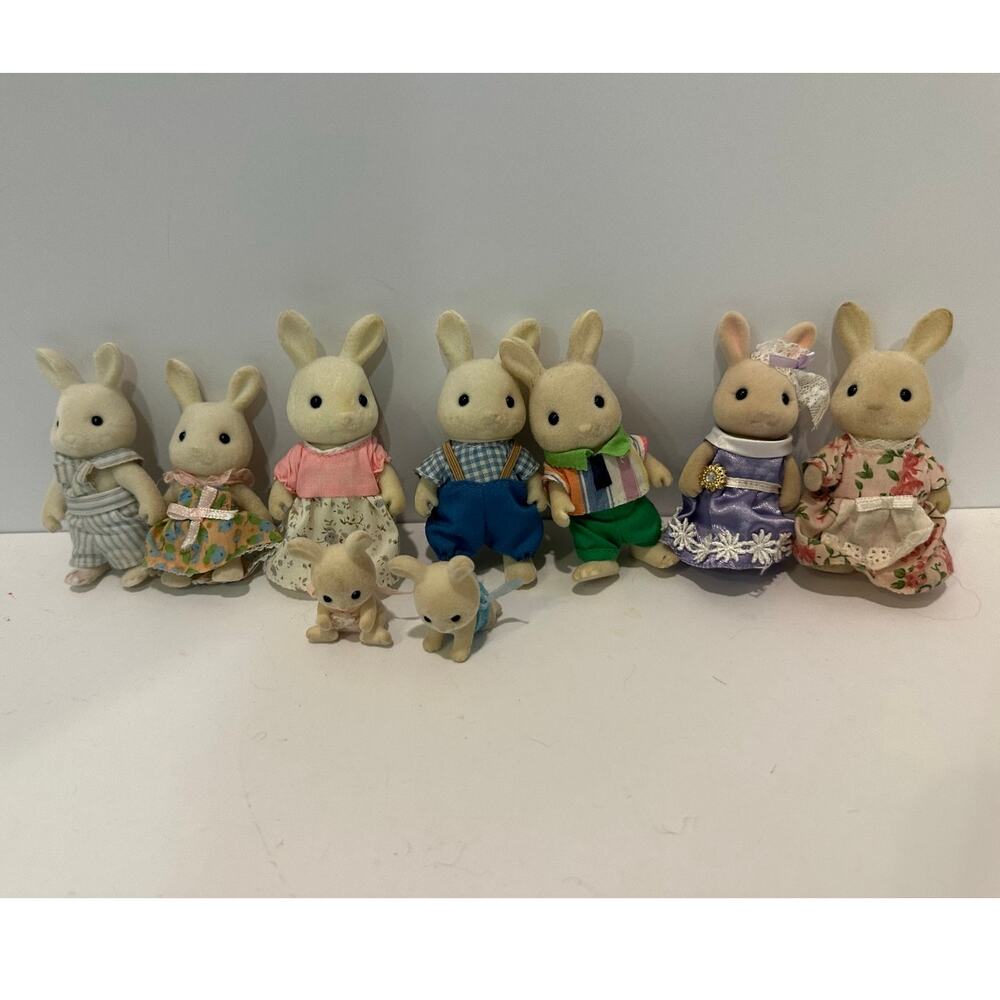 Calico Critters White Milk Rabbit Family of 9- played with condition